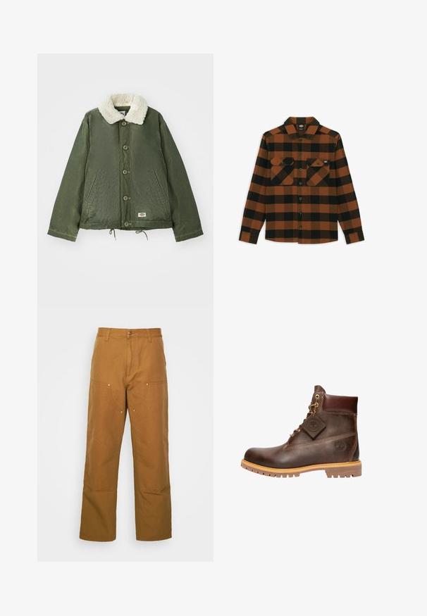 Olivengrøn jakke med en blød, cremfaux shearling krave, frontlukning med knapper og to sidelommer. Justerbar snøre i kanten.; Langærmet skjorte i orange og sort ternet mønster, lavet af et tekstureret stof. Har to brystlommer og knaplukning foran.; Brune bomuldsarbejdsbukser med lige ben-design, der har frontlommer og metalhardware detaljer for ekstra holdbarhed.; Brun læder ankelstøvle med rund tå, solid sål, hardware i guldtone og en tekstureret overdel. Inkluderer et logo-tagfæstet.