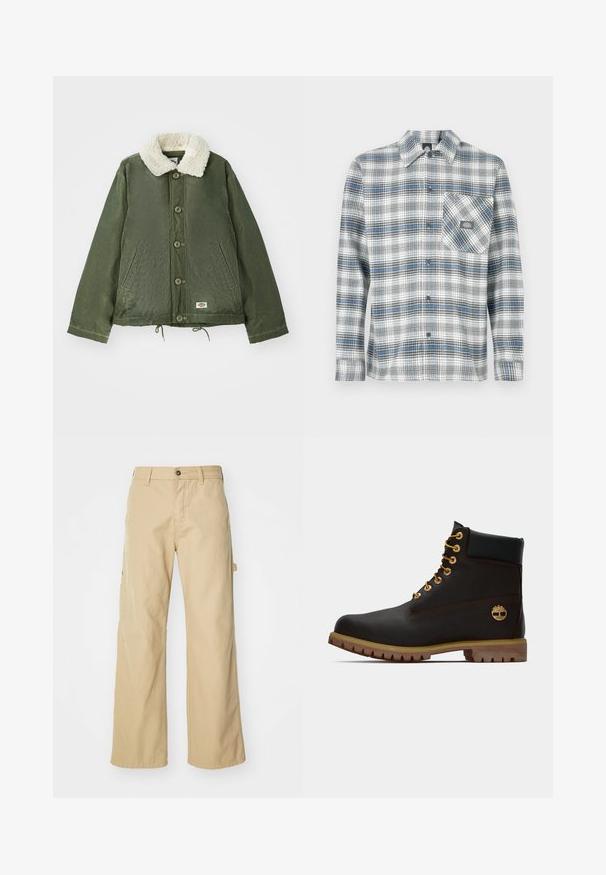 Veste vert olive avec un col en fausse fourrure crème douce, fermeture à boutons à l'avant et deux poches latérales. Cordons de serrage réglables à l'ourlet.; Chemise à manches longues à carreaux gris, bleu et blanc. Dispose d'un col boutonné et d'une poche poitrine gauche avec un patch logo.; Pantalons cargo larges beiges avec fermeture à bouton, dotés de poches latérales, fabriqués en coton robuste, avec une texture lisse et un design droit.; Bottine noire en cuir avec œillets dorés, accents marron et semelle en caoutchouc. Comprend un col rembourré et un logo estampé sur le côté.