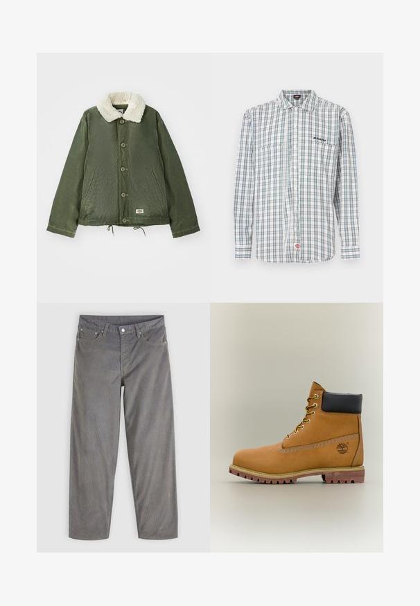 Veste vert olive avec un col en fausse fourrure crème douce, fermeture à boutons à l'avant et deux poches latérales. Cordons de serrage réglables à l'ourlet.; Chemise à carreaux boutonnée en blanc, vert et bleu. Elle comporte des manches longues, un col, deux poches avant et une broderie de logo sur la poitrine.; Pantalon en velours côtelé gris à jambes droites avec bouton devant, fermeture éclair, passants de ceinture et cinq poches, présenté sur fond clair.; Bottine en cuir marron avec col noir, lacets jaunes et semelle beige. Présente un logo et des détails de couture blanche. Semelle extérieure à traction robuste.
