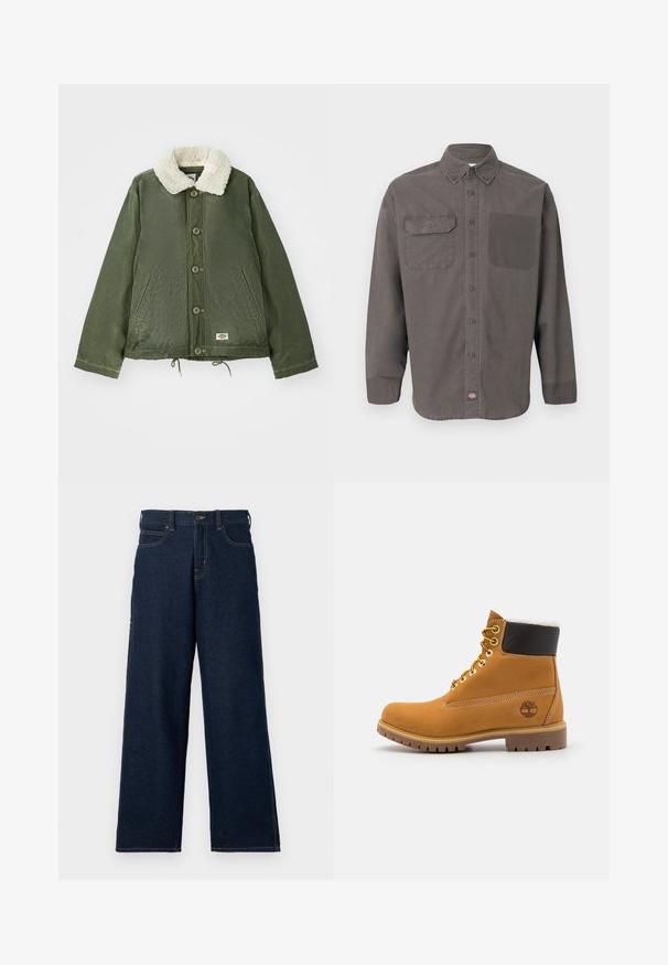Ελαιοπράσινο μπουφάν με μαλακό, κρεμ faux shearling γιακά, μπροστινό κλείσιμο με κουμπιά και δύο πλαϊνές τσέπες. Ρυθμιζόμενο κορδόνι στο τελείωμα.; Μακρυμάνικο σκουρόχρωμο γκρι πουκάμισο με κουμπιά, γιακά, δύο τσέπες στο στήθος (μία με καπάκι) και μικρή ετικέτα με λογότυπο στο τελείωμα.; Σκούρα μπλε τζιν παντελόνι με φαρδιά πατζάκια, κατασκευασμένο από τζιν ύφασμα, με ψηλή μέση, θηλιές για ζώνη, εμπρόσθιες τσέπες και αντίθετες ραφές.; Καφέ δερμάτινο μποτάκι αστραγάλου με μεταλλικές υποδοχές, λευκή γούνινη επένδυση, μαύρο μαλακό περιλαίμιο, ανθεκτική σόλα και ανάγλυφο λογότυπο στο πλάι.