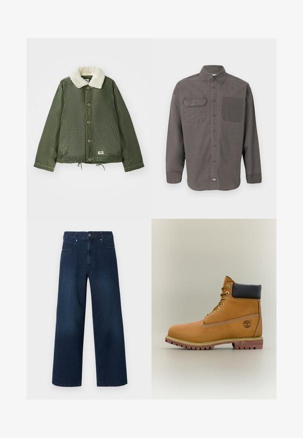 Olivengrøn jakke med en blød, cremfaux shearling krave, frontlukning med knapper og to sidelommer. Justerbar snøre i kanten.; Langærmet mørkegrå skjorte med knapper, krave, to brystlommer (den ene med klap) og lille logomærke ved sømmen.; Mørkeblå, vidde jeans med knap- og lynlåslukning foran, for- og baglommer, vist mod en hvid baggrund.; Brun læderankelstøvle med sort krave, gule snørebånd og tanfarvet sål. Har logo og hvide syninger som detalje. Robust ydersål med greb.