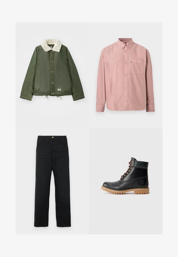 Veste vert olive avec un col en fausse fourrure crème douce, fermeture à boutons à l'avant et deux poches latérales. Cordons de serrage réglables à l'ourlet.; Chemise rose à manches longues avec boutons, poche avant et col boutonné, présentée sur un fond uni.; Pantalon en denim noir avec une coupe droite, doté d'une fermeture à boutons à l'avant, de deux poches latérales et d'une texture subtile.; Botte de cheville noire en cuir avec des lacets marron, col rembourré vert et semelle en caoutchouc beige avec des rainures profondes, vue de côté sur fond blanc.