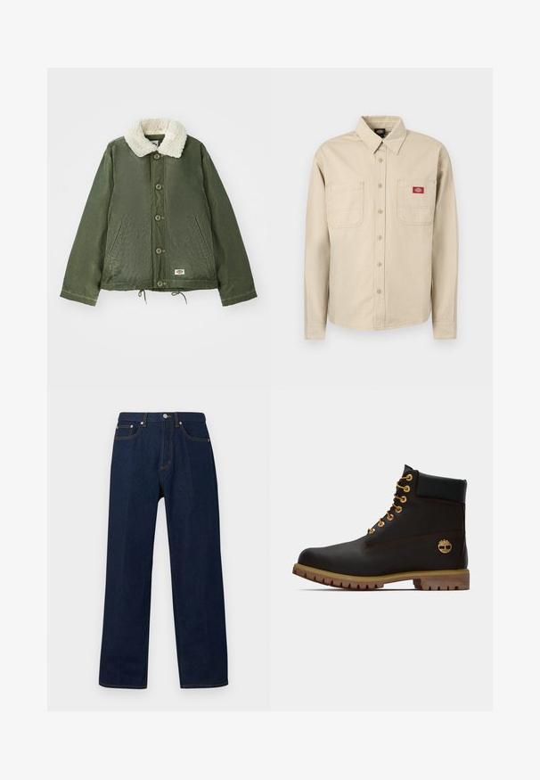 Olivengrøn jakke med en blød, cremfaux shearling krave, frontlukning med knapper og to sidelommer. Justerbar snøre i kanten.; Beige og hvid langærmet skjorte med lodrette striber, knapper foran, krave, to brystlommer og en rød Dickies-logo på højre lomme.; Mørkeblå denimjeans med lige ben, forrest knap- og lynlåslukning samt fem lommer på en ensfarvet baggrund.; Sorte læder ankelstøvle med gyldne øjer, brune detaljer og gummisål. Har en polstret krave og præget logo på siden.