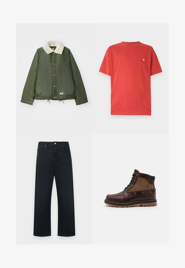 Olivengrøn jakke med en blød, cremfaux shearling krave, frontlukning med knapper og to sidelommer. Justerbar snøre i kanten.; Rød bomulds-T-shirt med rund hals, korte ærmer og lille gult logo på venstre bryst. Glat tekstur, afslappet design.; Sorte vidde bukser i denim med fem-lomme design, guldfarvede detaljer og en ren finish på linningen og kanten.; Brun læderstøvle med et lysebrunt stofpanel, rund tå, metaløjer, sort gummisål og sy detaljer. Har et forhøjet logo på siden.
