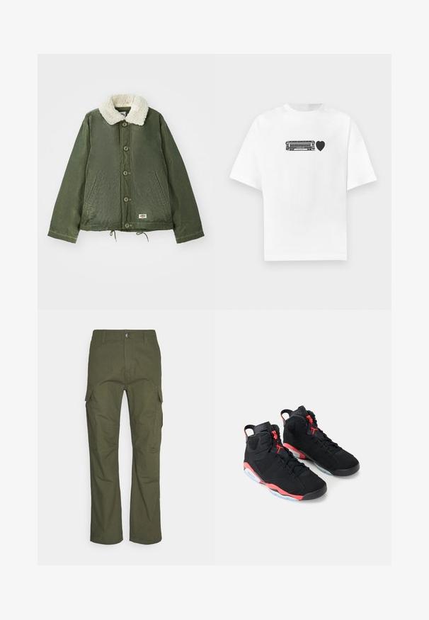 Olivengrøn jakke med en blød, cremfaux shearling krave, frontlukning med knapper og to sidelommer. Justerbar snøre i kanten.; Hvid bomuld T-shirt med et sort motiv af en sporvogn med et hjerteformet design, rund hals og korte ærmer. Enkel og minimal design.; Cargo bukser i mørke olivengrøn med flere sidelommer, lige snit og et slidstærkt stof med en tekstureret overflade.; Sorte højtop-sneakers med røde detaljer, sorte snørebånd og gennemsigtige ydersåler, placeret side om side mod en hvid baggrund.