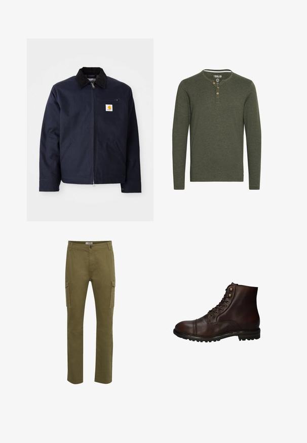 Chaqueta azul marino de lona con cuello de pana negro, cierre de cremallera, bolsillo frontal y parche del logo en el lado izquierdo del pecho.; Solid SDVOLKO - Camiseta de manga larga - olive; Pantalones cargo verdes con corte recto, que presentan dos bolsillos laterales, un cierre de botón y detalles de costura en la superficie de la tela.; Bota de tobillo de cuero marrón oscuro con cordones, suela de goma resistente y ojales de metal, vista desde el lado exterior.