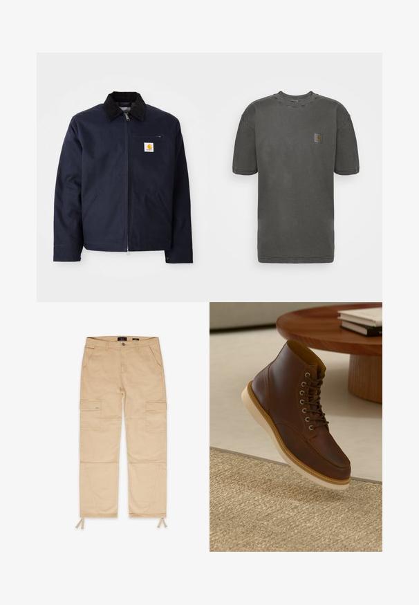 Tumed sinine keebus, mis on valmistatud kanvasest, musta kampsuni kraega, lukuga, ees taskuga ja logo plaastriga vasakul rinnal.; Carhartt WIP NELSON - Lihtne T-särk - black garment dyed; Beezilised cargo püksid kahe eesmine tasku ja kahe külje taskuga. Omab elastseid nööre pahkluudes ja tugevdusõmblusi.; Pruun nahkane pahkluu saabas beeži tallaga tekstuurse beeži vaiba peal, ümmarguse puust laua kõrval, mille peal on kokku pandud raamatud.