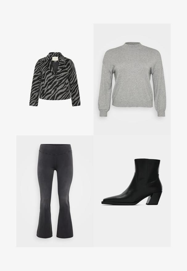 Kaffe Curve KCTORI - Korte frakker - black grey animal; Lysegrå strikket sweater med lange ærmer, ribbestrikket rund hals, manchetter og kant, præsenteret på en hvid baggrund.; ONLY Carmakoma Flared fit CARROYAL Mid waist - Flared jeans - washed black; Sortlæder ankelstøvle med spids tå, en slank silhuet og en kraftig firkantet hæl. Glat tekstur med minimale stikninger.