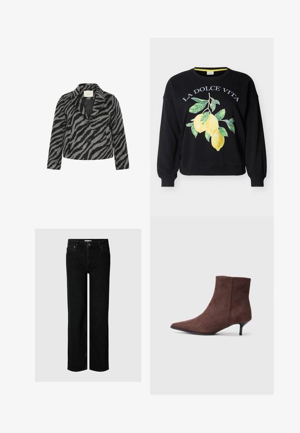 Kaffe Curve KCTORI - Korte frakker - black grey animal; Sort crewneck-sweatshirt med teksten "LA DOLCE VITA" og en grafik af tre gule citroner med grønne blade på forsiden.; Sorte straight-leg jeans i denim med frontknap, lynlås, bæltestropper og fem-lomme design på grå baggrund.; Brune ankelstøvler i ruskind med spids tå og en slank, sort hæl. Har en glat tekstur og et enkelt design.