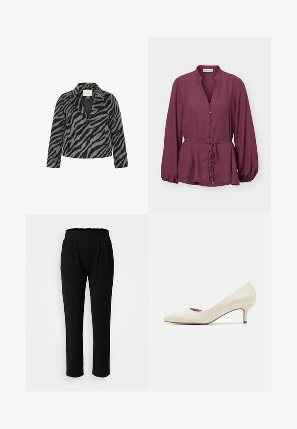 Kaffe Curve KCTORI - Korte frakker - black grey animal; Langærmet blommefarvet bluse med mandarinhals, forgyldte knapper foran og et bånd til at binde i taljen, med en let udvidet nederkant og rynkede manchetter.; Sorte, høydebundne bukser med volangtalje, der har et glat, elastisk stof og lige ben. Ingen synlige mønstre.; Beige lavpumpe med lav hæl og spidse tæer samt en glat, blank overflade. Har en diskret udskæring langs buen og en slank, tapet hæl.