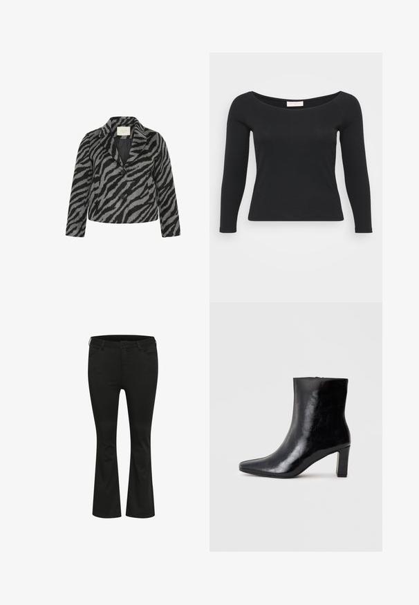 Kaffe Curve KCTORI - Halflange jas - black grey animal; Zwarte lange mouwen top van ribstof, met een brede ronde halslijn en een getailleerde silhouette.; Zwarte flare jeans van denim met vier zakken, subtiele stiknaad en metalen hardware op de tailleband en randen van de zakken.; Zwarte enkellaars gemaakt van glanzend leer, met een puntige neus en een gemiddelde blokhak, voorzien van een gladde textuur en een eenvoudig ontwerp.
