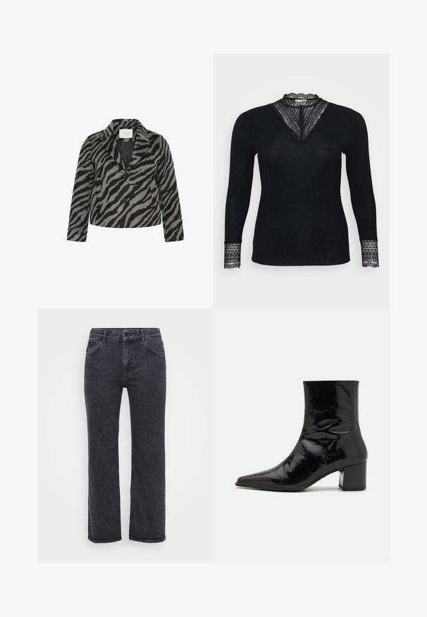 Kaffe Curve KCTORI - Halflange jas - black grey animal; Zwarte longsleeve top met een geribbelde textuur, voorzien van kantaccenten bij de halslijn en mouwboorden, en een V-vormig halsontwerp.; Zwarte denim jeans met een rechte pijpdesign, vijf zakken en een knoopsluiting. De stof heeft een licht vervaagde textuur en stevige stiksels.; Zwarte gepatineerde leren enkelboot met een spitse neus, gestructureerde bovenkant en een chunky hak. Beschikt over een gladde, glanzende textuur.