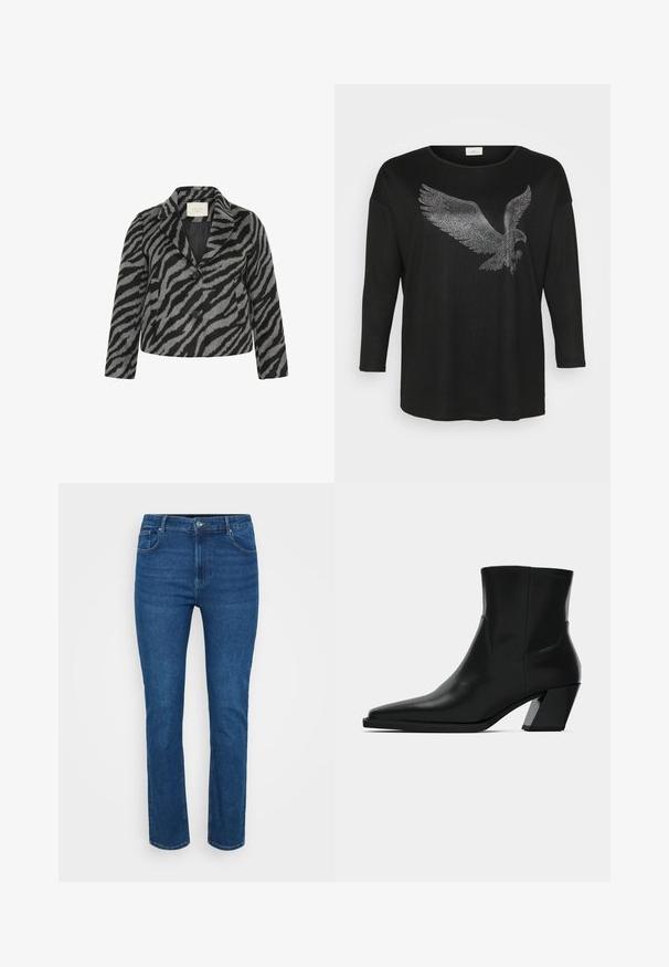 Kaffe Curve KCTORI - Korte frakker - black grey animal; Sort langærmet skjorte med et glitrende ørne-design lavet af sølvfarvede rhinsten, med en afslappet pasform og rund halsudskæring.; Blå denim jeans med lige ben design, med kontrasterende syninger, fem-lomme stil og en metalknap lukning i taljen.; Sortlæder ankelstøvle med spids tå, en slank silhuet og en kraftig firkantet hæl. Glat tekstur med minimale stikninger.