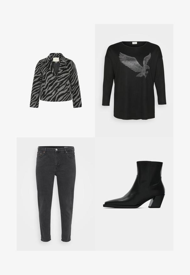 Kaffe Curve KCTORI - Abrigo corto - black grey animal; Camisa negra de manga larga con un diseño brillante de un águila hecho de piedras de strass plateadas, con un corte relajado y cuello redondo.; Jeans de mezclilla negros ajustados con botón frontal y cremallera, pasadores de cinturón y cinco bolsillos, mostrados sobre un fondo claro y liso.; Bota de tobillo de cuero negro con punta afilada, una silueta elegante y un tacón cuadrado grueso. Textura suave con detalles de costura mínimos.