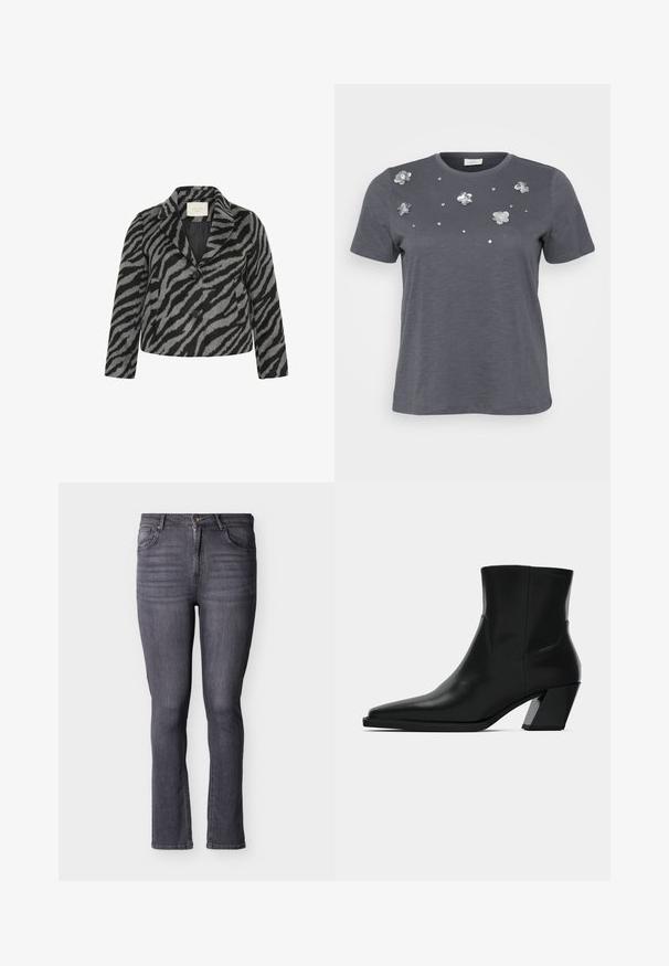 Kaffe Curve KCTORI - Halflange jas - black grey animal; Grijze katoenen t-shirt met korte mouwen, met metalen bloemenappliqués en pailletten die op de voorkant zijn aangebracht. Zachte structuur, comfortabele pasvorm.; Slim-fit grijze spijkerbroek met vijf zakken, een knoop- en ritssluiting aan de voorkant, met subtiele vervaging en stikseldetails.; Zwarte leren enkelboot met een spitse neus, een slanke silhoeet en een chunky vierkante hak. Gladde textuur met minimale stikdetails.
