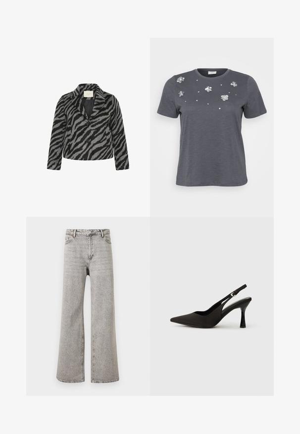 Kaffe Curve KCTORI - Manteau court - black grey animal; T-shirt en coton gris à manches courtes, avec des appliqués floraux métalliques et des sequins disposés sur le devant. Texture douce, coupe décontractée.; Jean denim gris taille haute, coupe droite, avec bouton devant, fermeture éclair et design cinq poches sur fond blanc uni.; Chaussures à talons noires avec une bride, à bout pointu, finition mate lisse et talon fin brillant. Sangle ajustable avec petit détail de boucle.