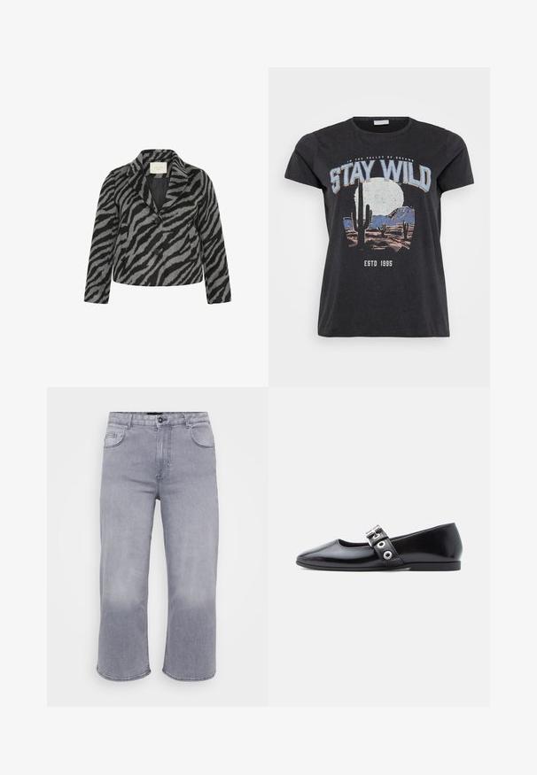 Kaffe Curve KCTORI - Korte frakker - black grey animal; Sort bomulds t-shirt med et grafisk print af en ørken-scene med kaktusser, en måne og sætningen "STAY WILD" i blå skrifttype.; Grå denimjeans med et cropped, bredt ben-design, fem lommer, knaplukning og en subtil falme mønster langs stoffet.; Sort laklæder flad sko med firkantet tå, sidespænde detalje og en lav, rund hæl. Glat tekstur og minimalistisk design.