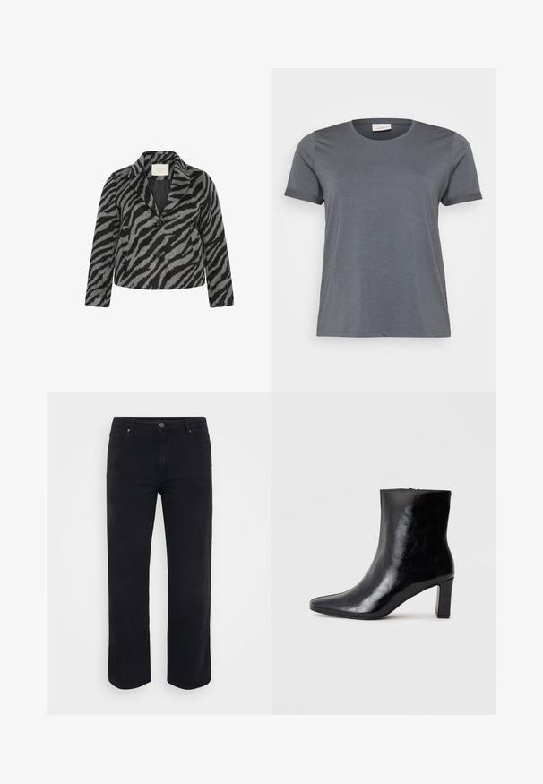 Kaffe Curve KCTORI - Korte frakker - black grey animal; Grå kortærmet T-shirt lavet af blødt stof, med en klassisk rund halsudskæring og oprullede ærmer. Glat tekstur uden synlige mønstre.; Sorte denimjeans med lige ben-design. Funktioner inkluderer en knaplukning i taljen, bæltestropper og front-/baglommer. Glat tekstur.; Sorte ankelstøvler lavet af blank læder, med spidse tæer og en mellemstor blokhæl, med en glat tekstur og et enkelt design.