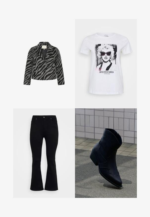 Kaffe Curve KCTORI - Korte frakker - black grey animal; Hvid bomulds t-shirt med et sort og hvidt grafik af en kvinde iført solbriller, med teksten "Marilyn" og "United States of America".; ONLY Carmakoma Flared fit CARWILLY High waist - Flared jeans - black denim; Sort læderankelstøvle med lav hæl, dekorative syninger og spids tå, placeret opret på en brolagt overflade ved siden af en flisebelagt væg.