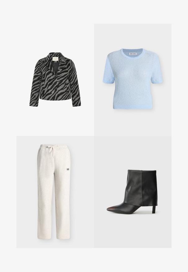 Kaffe Curve KCTORI - Kurzmantel - black grey animal; Hellblauer Kurzarmstrickpullover mit geripptem Rundhalsausschnitt, Bündchen und Saum, dargestellt auf einem schlichten weißen Hintergrund.; Hellgraue Sweatpants mit elastischem Bund und Kordelzug, Seitentaschen und einem kleinen rechteckigen Logo-Patch am rechten Oberschenkel.; Schwarzer Knöchelstiefel aus glattem Leder mit spitzer Zehenpartie und schmalem Absatz. Das Obermaterial zeichnet sich durch ein leicht gerafftes Design aus.