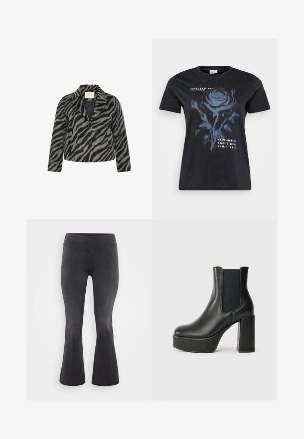 Kaffe Curve KCTORI - Halflange jas - black grey animal; ONLY Carmakoma CARMIKO WASHED SS REG TEE JRS - T-shirt print - black; ONLY Carmakoma Flared fit CARROYAL Mid waist - Flared Jeans - washed black; Zwarte leren enkelboot met een chunky blokhak, elastische zijpanelen en een zachte textuur. Bevat een platformzool voor extra hoogte.