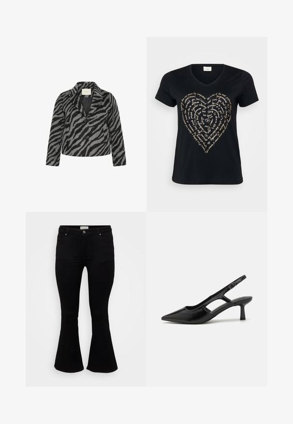 Kaffe Curve KCTORI - Manteau court - black grey animal; T-shirt noir à col en V avec un design de texte en forme de cœur en beige clair, comportant des mots sur l'amour, la compassion et l'engagement en écriture cursive.; Jeans évasés noirs en denim doux, avec une taille cintrée, des poches avant et un ourlet évasé pour un ajustement décontracté.; Escarpins noirs à talon ouvert avec un embout pointu, fabriqués en matériau brillant, présentant des accents découpés et un talon modéré pour un bon soutien.