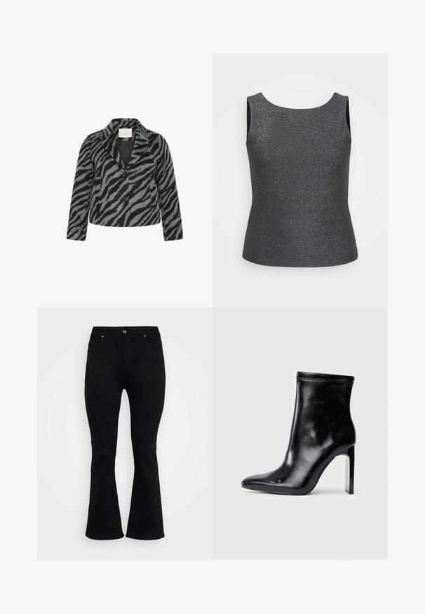 Kaffe Curve KCTORI - Korte frakker - black grey animal; Ärmeloses top i mørkegrå med metallisk glans, med en rund halsudskæring og en tætsiddende form, lavet af et struktureret stof.; ONLY Carmakoma Flared fit CARWILLY High waist - Flared jeans - black denim; Sorte læder ankelstøvle med spidse tæer og høj klar hæl. Glat tekstur og minimal syning på overmaterialet.