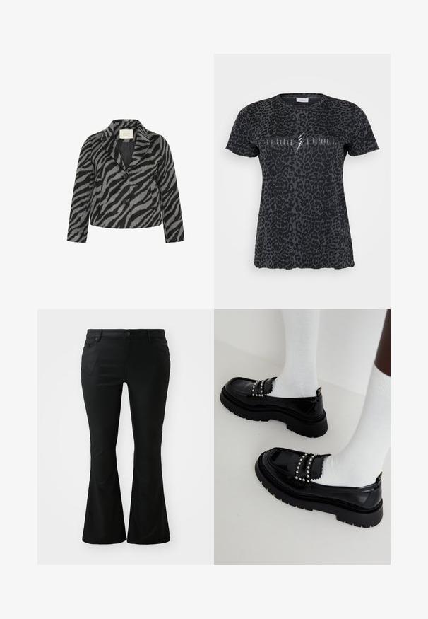 Kaffe Curve KCTORI - Manteau court - black grey animal; ONLY Carmakoma CARMIKO WASHED SS REG TEE JRS - T-shirt imprimé - phantom; Pantalons évasés noirs en tissu lisse. Dotés de poches avant, d'une braguette à bouton et d'une taille ajustée qui s'élargit en une jambe évasée.; Chaussures en cuir verni noir avec une semelle épaisse, ornées de clous argentés et de détails en forme de vagues, portées avec des chaussettes blanches.