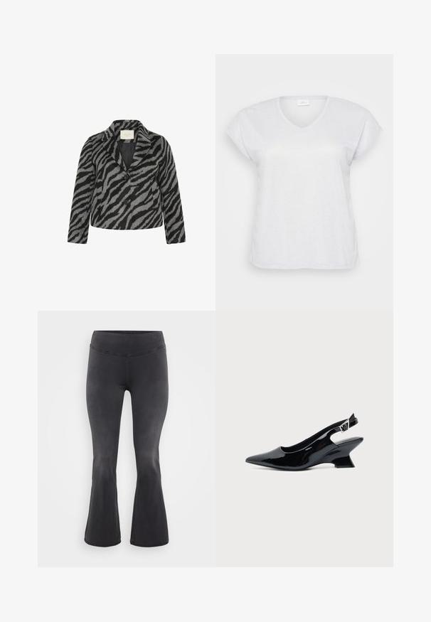 Kaffe Curve KCTORI - Halflange jas - black grey animal; Witte korte mouwen V-hals T-shirt met een subtiele glanstextuur, met een ontspannen pasvorm en zonder zichtbare patronen of accenten.; ONLY Carmakoma Flared fit CARROYAL Mid waist - Flared Jeans - washed black; Zwarte lakleren slingback schoen met spitse neus en lage schuine blokhak op een effen lichte achtergrond.