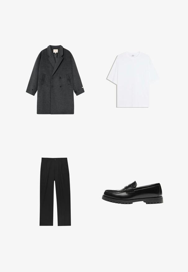 Manteau croisé en laine gris foncé avec revers en notches, deux poches à rabat latérales et poignets boutonnés, posé à plat sur un fond blanc.; T-shirt oversize en coton blanc avec un col rond et des manches courtes ; texture lisse, sans motifs ni accents visibles.; Pantalons noirs au design droit, fabriqués à partir d'un tissu lisse. Dotés de plis sur le devant et d'une fermeture à un bouton à la taille.; Mocassin en cuir noir avec une semelle en caoutchouc épaisse et un détail classique de bride à monnaie, vu de côté extérieur.