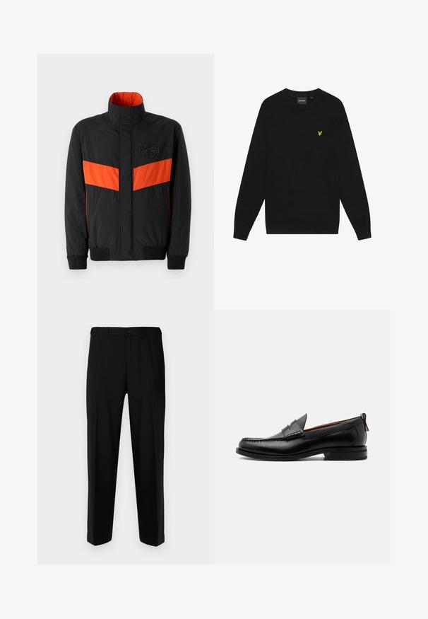 Sort jakke med orange vandret stripe, høj krave, elastiske manchetter og et logo-patch på brystet. Glat tekstur og let materiale.; Sort bomulds sweatshirts med lange ærmer og rund hals. Har et lille gult ørnelogo på brystet. Blød tekstur.; Sorte bukser lavet af glat stof, med lige snit, to forlommer og lynlås med knaplukning.; Sort læder herre loafer med moc-tå syning, penny strop, struktureret krave og lav stablet hæl på hvid baggrund.