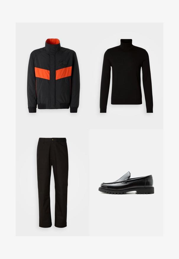 Chaqueta negra con una franja horizontal naranja, cuello alto, puños elásticos y un parche de logo en el pecho. Textura suave y material ligero.; Suéter negro de cuello alto confeccionado en un tejido de punto fino, con mangas largas y una silueta ajustada. Textura suave con puños acanalados.; Pantalones de algodón negros con corte recto, presillas para el cinturón, cremallera frontal y un solo botón de cierre. Textura suave sin patrones visibles.; Mocasín de cuero negro con suela de goma gruesa, empeine cosido y nombre de la marca en relieve en el talón, mostrado en perfil lateral sobre fondo blanco.