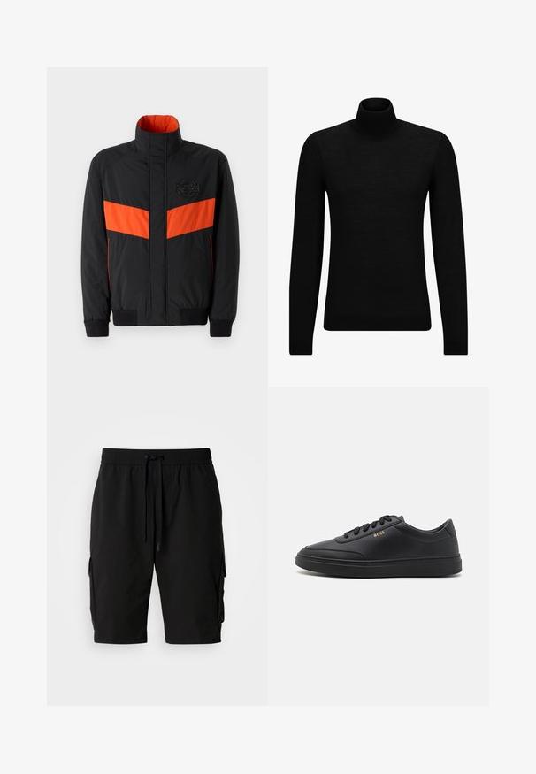 Chaqueta negra con una franja horizontal naranja, cuello alto, puños elásticos y un parche de logo en el pecho. Textura suave y material ligero.; Jersey de cuello alto negro hecho de un material suave, con mangas largas y un ajuste ceñido. Ribete acanalado en el dobladillo y los puños. Diseño simple.; Pantalones cortos cargo negros hechos de tejido ligero, con una cinturilla elástica, cordón y bolsillos laterales cargo para almacenamiento adicional.; Zapatillas de cuero negro con una textura suave, punta redondeada, suela plana de goma y cordones a tono. Presentan el logotipo dorado "BOSS" en el lateral.