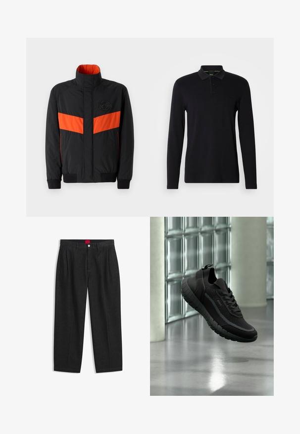 Sort jakke med orange vandret stripe, høj krave, elastiske manchetter og et logo-patch på brystet. Glat tekstur og let materiale.; Sort langærmet polo skjorte lavet af glat stof. Har en krave, tre-knaps lukning og et diskret logo på brystet.; Sorte bukser med høj talje med forreste læg, bæltestropper, knap og lynlås lukning samt en rød label indeni linningen.; Sort strikket sneaker med tyk mønstret sål og snørebånd, mærket "BOSS", svævende indendørs nær glasblokvæg og betongulv.
