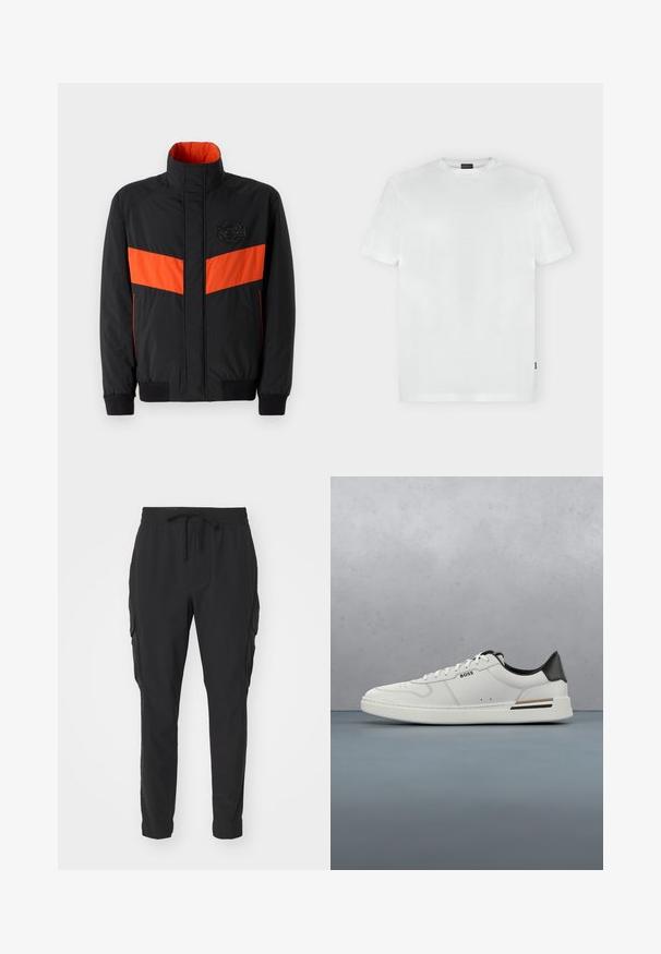 Veste noire avec une bande horizontale orange, col haut, poignets élastiques et un patch logo sur la poitrine. Texture lisse et matériau léger.; T-shirt blanc à manches courtes avec col rond, avec un logo subtil sur la poitrine gauche et une petite étiquette noire sur la couture latérale gauche.; Pantalons cargo noirs en tissu léger. Taille élastique avec cordon de serrage. Design à jambe fuselée et poches latérales. Texture lisse.; Sneaker basse blanche avec talon noir, fermeture à lacets, perforations subtiles et logo "BOSS" sur le côté, vue depuis le profil extérieur.