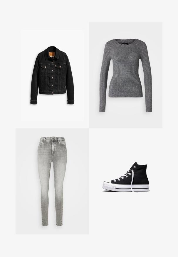 Zwarte denimjack met twee voorzakken op de borst, zilveren knoopsluitingen en een klassieke kraag. Soepele textuur met contrasterende stikdetails.; Grijze geribde sweater met lange mouwen en een ronde hals. Gemaakt van gebreide textuurstof, met een getailleerde snit.; Grijze skinny jeans van denim met een hoge taille, voorzien van een klassieke vijf-pocketontwerp en subtiele vervaagde details door het geheel.; Zwarte hooggesloten canvas sneaker met witte rubberen zool en witte veters, zijwaarts weergegeven op een witte achtergrond.