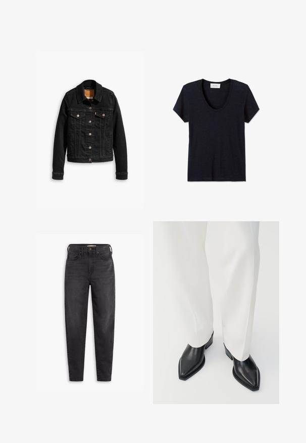 Veste en denim noir avec deux poches poitrine à l'avant, fermetures à boutons argentés et col classique. Texture lisse avec des détails de couture contrastants.; T-shirt à manches courtes bleu marine foncé à col rond, au design uni, présenté à plat sur un fond blanc.; Jean slim taille haute noir avec poches avant et arrière, fermeture à bouton et passants de ceinture, présentés sur un fond blanc.; Bottines noires à bout pointu en cuir lisse, avec des talons bas en bloc, associées à un pantalon large blanc. Design simple et moderne.