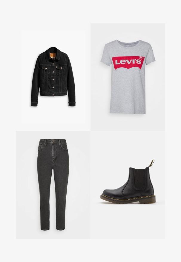 Schwarze Jeansjacke mit zwei Brusttaschen, silbernen Knopfverschlüssen und einem klassischen Kragen. Glatte Textur mit kontrastierenden Nähten.; Grauer Baumwoll-T-Shirt mit einem großen roten Levi's-Logo über der Brust, klassischem Rundhals und kurzen Ärmeln.; Schwarze, hoch geschnittene Denim-Jeans mit Slim Fit, versehen mit einem Knopfverschluss, Gürtelschlaufen und klassischem Fünf-Taschen-Design.; Schwarze Leder Chelsea-Stiefel mit elastischen Seitenteilen, runder Zehenpartie, gelben Nähten, gummierter Sohle und einem Zugband an der Rückseite für ein einfaches An- und Ausziehen.