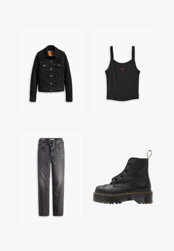 Veste en denim noir avec deux poches poitrine à l'avant, fermetures à boutons argentés et col classique. Texture lisse avec des détails de couture contrastants.; Débardeur noir à côtes avec des fines bretelles, arborant un petit logo rouge Levi's au centre devant et un ourlet droit.; Jeans en denim noir avec une coupe droite, cinq poches, fermeture à bouton et détails de couture contrastés. Tissu texturé avec une finition délavée.; Bottines en cuir noir avec surface texturée, bout arrondi, lacets, coutures jaunes et une épaisse semelle noire crantée.