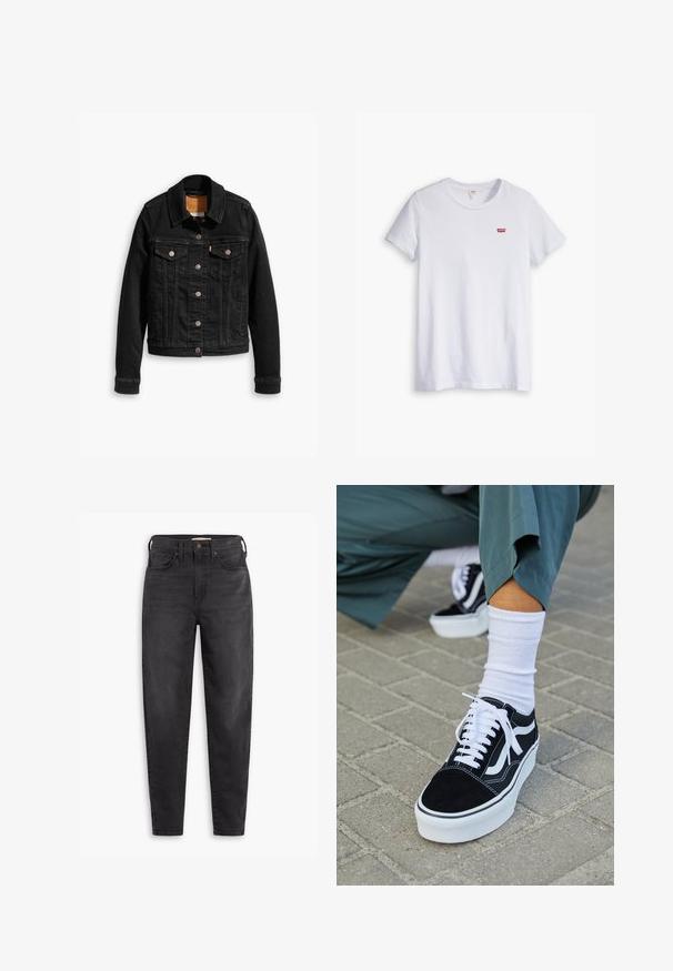 Veste en denim noir avec deux poches poitrine à l'avant, fermetures à boutons argentés et col classique. Texture lisse avec des détails de couture contrastants.; T-shirt en coton blanc à manches courtes et col rond. Présente un petit logo rouge Levi's sur la partie gauche de la poitrine.; Jean slim taille haute noir avec poches avant et arrière, fermeture à bouton et passants de ceinture, présentés sur un fond blanc.; Baskets en suède noir avec des accents et des lacets blancs, présentant une épaisse semelle blanche et des coutures contrastantes, associées à une chaussette blanche.