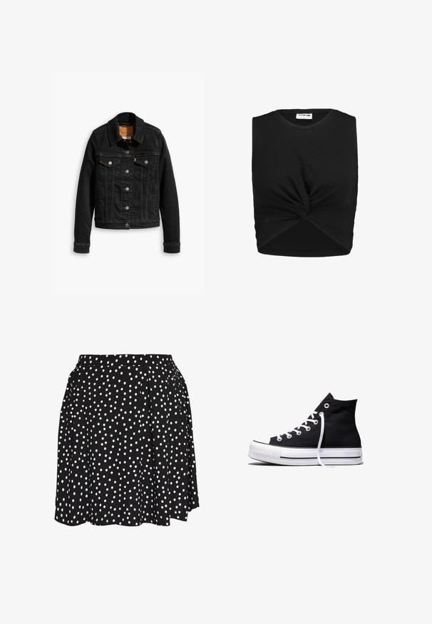 Veste en denim noir avec deux poches poitrine à l'avant, fermetures à boutons argentés et col classique. Texture lisse avec des détails de couture contrastants.; Haut sans manches noir en tissu doux, présentant un détail de nœud torsadé à l'avant et une silhouette ajustée.; Even&Odd by Zalando Jupe trapèze - white/black; Baskets montantes en toile noire avec semelle en caoutchouc blanche et lacets blancs, vues de côté sur un fond blanc.