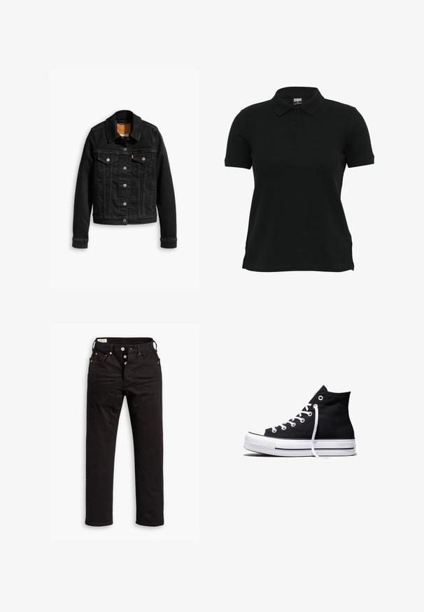 Veste en denim noir avec deux poches poitrine à l'avant, fermetures à boutons argentés et col classique. Texture lisse avec des détails de couture contrastants.; Polo noir avec col classique, manches courtes et patte de boutonnage à trois boutons. Fabriqué en tissu lisse avec des fentes latérales à l'ourlet.; Jean noir à jambe droite avec fermeture à boutons, poches avant et arrière, et détails en rivets cuivrés sur fond blanc.; Baskets montantes en toile noire avec semelle en caoutchouc blanche et lacets blancs, vues de côté sur un fond blanc.