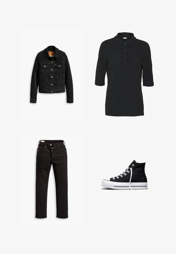 Schwarze Jeansjacke mit zwei Brusttaschen, silbernen Knopfverschlüssen und einem klassischen Kragen. Glatte Textur mit kontrastierenden Nähten.; Schwarz Polohemd mit Kragen, Dreiviertelärmel und schwarzen Knöpfen. Verfügbar mit einem kleinen gestickten Logo auf der Brust. Aus Baumwollmaterial.; Schwarze Straight-Leg-Jeans mit Knopfverschluss, Vorder- und Gesäßtaschen sowie Kupfennieten auf einem weißen Hintergrund.; Schwarzer High-Top-Canvas-Sneaker mit weißer Gummisohle und weißen Schnürsenkeln, seitlich dargestellt vor weißem Hintergrund.