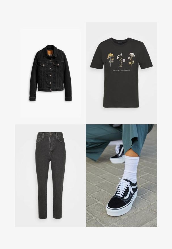 Veste en denim noir avec deux poches poitrine à l'avant, fermetures à boutons argentés et col classique. Texture lisse avec des détails de couture contrastants.; T-shirt en coton noir avec un motif floral comprenant des fleurs jaunes et blanches, et le texte "pas de pluie, pas de fleurs" centré sous le motif.; Jeans en denim noir taille haute avec une coupe slim, dotés d'une fermeture à bouton, de passants de ceinture et d'un design classique à cinq poches.; Baskets en suède noir avec des accents et des lacets blancs, présentant une épaisse semelle blanche et des coutures contrastantes, associées à une chaussette blanche.