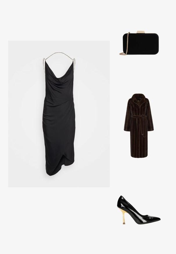 Bruine nepbont badjas met een sjawlcollar, lange mouwen, een strikceintuur in de taille en een textuur afwerking. Heeft een logolabel op de nek.; Et Ochs ILA CHAIN COWL NECK MIDI DRESS - Cocktailjurk - black; Zwarte lakleren hoge hakken met een spitse neus en een gouden stiletto hak. Glad, glanzende afwerking met een subtiele uitsnijding bij de enkel.; Zwarte fluwelen clutch met gouden hardware, rechthoekige vorm en kettingband, met een zachte textuur en zonder zichtbare patronen.