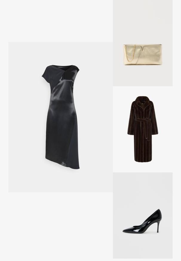 Bruine nepbont badjas met een sjawlcollar, lange mouwen, een strikceintuur in de taille en een textuur afwerking. Heeft een logolabel op de nek.; Calvin Klein NAIA SHINE MIDI DRESS - Cocktailjurk - black; Zwarte lakschoenen met een puntige neus en een slanke stilettohak. Soepele textuur met een glanzende afwerking en een minimalistisch ontwerp.; Rechthoekige gouden clutch met V-vormige uitsnijding en een dunne gouden kettingriem op een lichte achtergrond.
