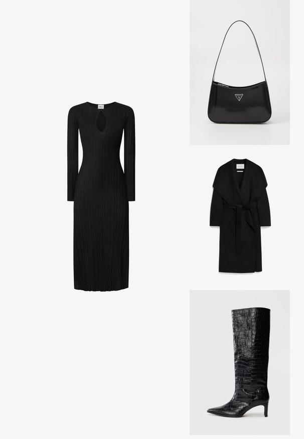 Sort omslagsfrakke lavet af blødt stof, med sjalskrave, korte ærmer og et matchende bælte i taljen. Ren, minimalistisk design.; Sort ribbet strikkjole med lange ærmer, der har et nøglehulssnit ved halsudskæringen. Lige silhuet, knælang, tekstureret stof.; Sorte knæhøje støvler med en blank, krokodillemønstret tekstur, spids tå og en affaset hæl. Glat syntetisk materiale.; Sort patenteret læder skuldertaske med en buet form, prydet med et sølvfarvet trekantet logo og en lynlås-lukning. Glat tekstur og slank rem.