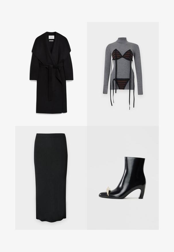 Schwarzer Wickelmantel aus weichem Stoff, mit einem Schalkragen, kurzen Ärmeln und einem passenden Gürtel in der Taille. Sauberes, minimalistisches Design.; Grau gerippter Rollkragenpullover mit angebrachtem schwarzen und braunen gestreiftem BH- und Höschen-Set als Überlagerung, ausgestattet mit langen schwarzen Bändern, die herunterhängen.; Schwarzer, gerippter Strick-Midi-Bleistiftrock mit elastischem Bund und leicht gewelltem Saum.; Schwarzer Knöchelschuh aus glänzendem Leder, mit einer spitzen Zehenform und einem dekorativen gold- und silberfarbenen Akzent an der Vorderseite. Blockabsatz-Design.
