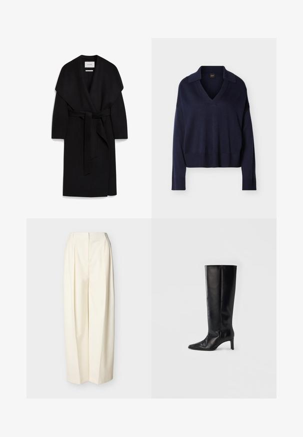 Schwarzer Wickelmantel aus weichem Stoff, mit einem Schalkragen, kurzen Ärmeln und einem passenden Gürtel in der Taille. Sauberes, minimalistisches Design.; Marineblauer Langarm-V-Ausschnitt-Pullover mit Kragen, gerippten Bündchen und Saum, auf einfachem weißem Hintergrund dargestellt.; Hoch taillierte, weit geschnittene cremefarbene Hose mit vorderen Falten, einem verdeckten vorderen Reißverschluss und Gürtelschlaufen.; Schwarze kniehohe Stiefel aus glattem Leder, mit spitzer Zehenpartie und schlankem Absatz, ausgestattet mit einem anliegenden Schaft und minimalistischem Design.