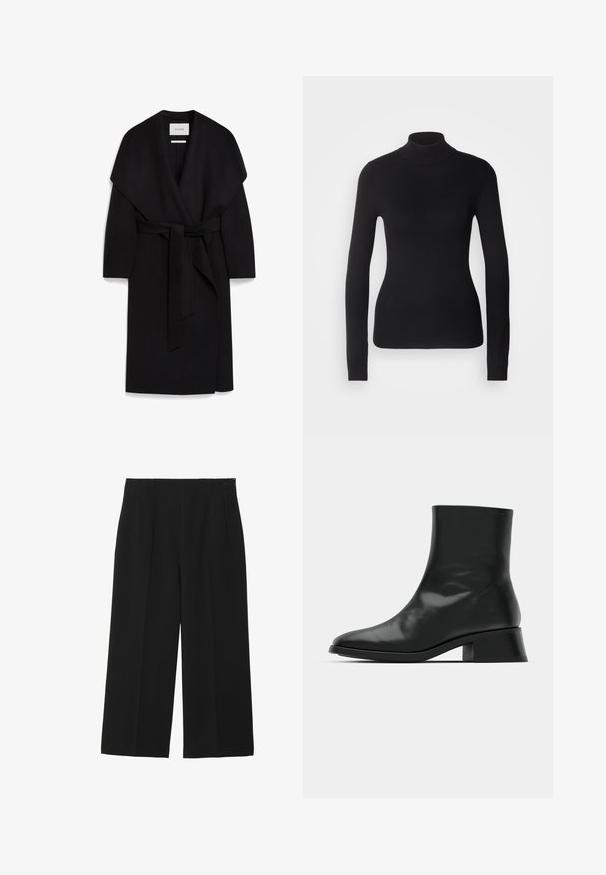 Zwarte wikkeljas van zachte stof, met een sjawlzoom, korte mouwen en een bijpassende riem in de taille. Schoon, minimalist design.; Zwarte coltrui gemaakt van lichte brei stof. Heeft lange mouwen, een aansluitend design en een zachte ribbeltextuur.; Zwarte wijde broek gemaakt van een gladde stof, met twee voorkruiszakken, een vlakke voorkant en een ritssluiting aan de zijkant.; Zwarte enkelboot van glanzend leer, met een slank ontwerp, spitse neus en een gematigde blokhak voor stabiliteit.